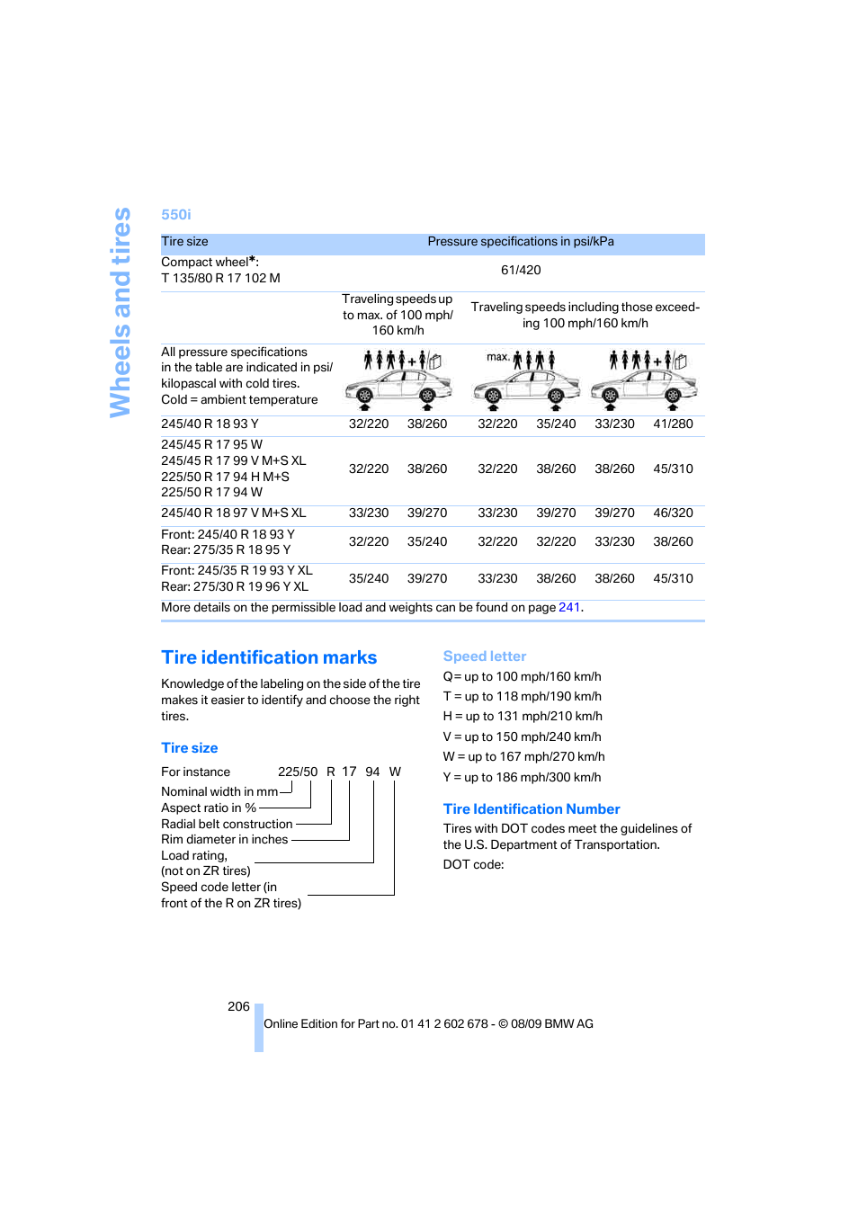 Tire identification marks, Wh eels and tire s | BMW 528I XDRIVE User Manual | Page 208 / 271