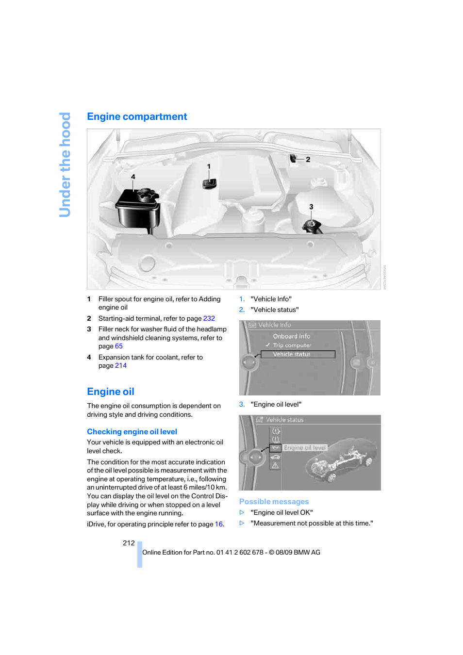 Engine compartment, Engine oil | BMW 528I XDRIVE User Manual | Page 214 / 271