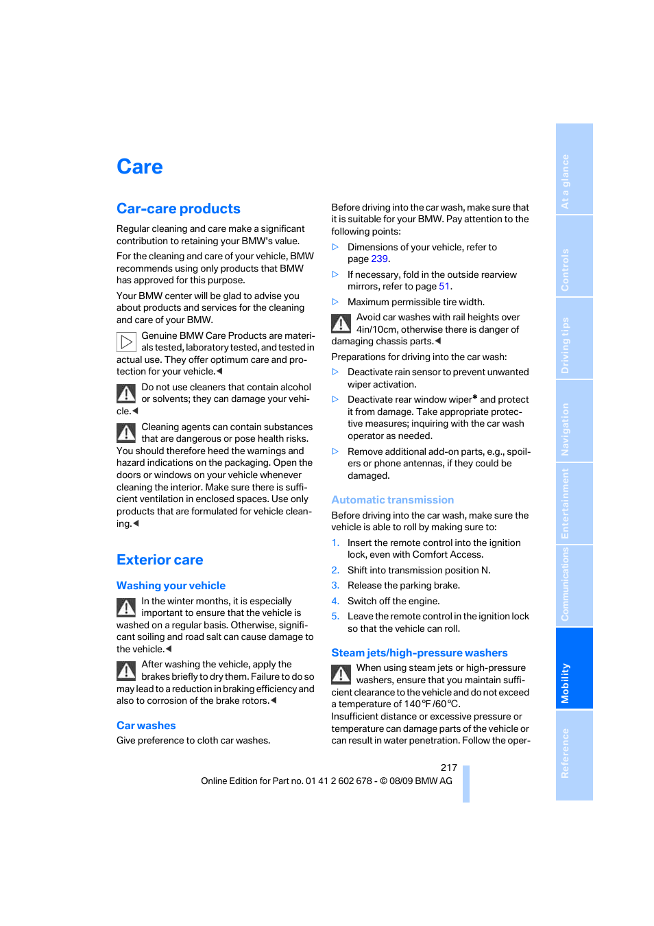 Care, Car-care products, Exterior care | BMW 528I XDRIVE User Manual | Page 219 / 271