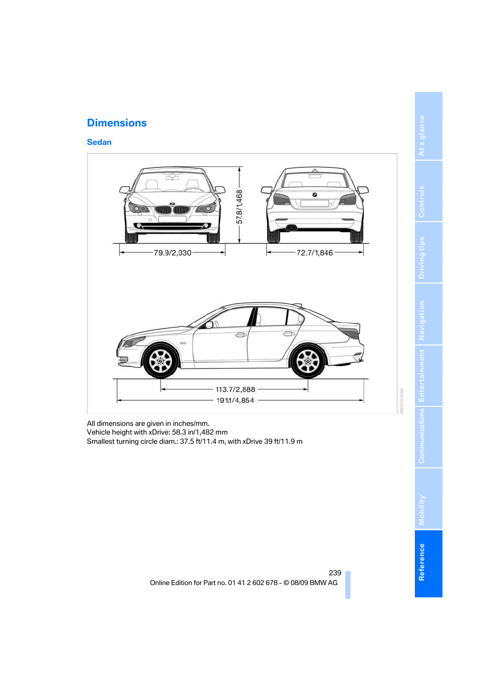 Dimensions | BMW 528I XDRIVE User Manual | Page 241 / 271