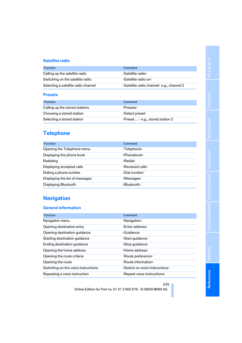 Telephone, Navigation, Telephone navigation | BMW 528I XDRIVE User Manual | Page 247 / 271