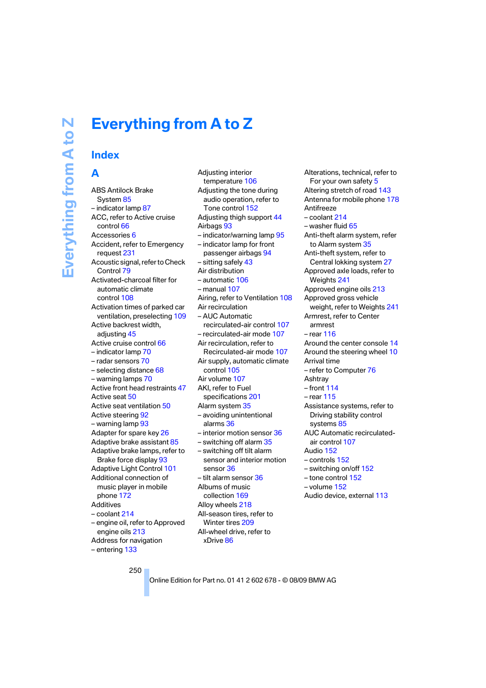 Everything from a to z, Index, Index a | BMW 528I XDRIVE User Manual | Page 252 / 271