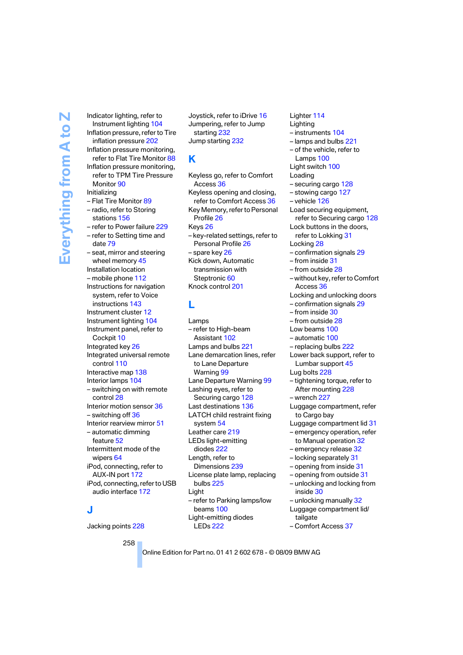 Everything from a to z | BMW 528I XDRIVE User Manual | Page 260 / 271