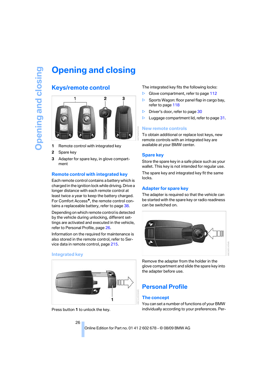 Opening and closing, Keys/remote control, Personal profile | BMW 528I XDRIVE User Manual | Page 28 / 271