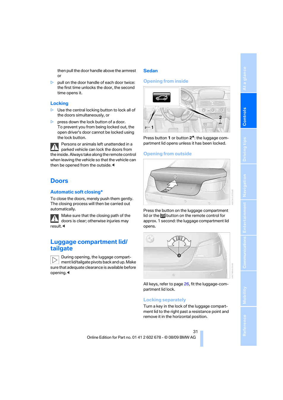 Doors, Luggage compartment lid/ tailgate, Gate | BMW 528I XDRIVE User Manual | Page 33 / 271