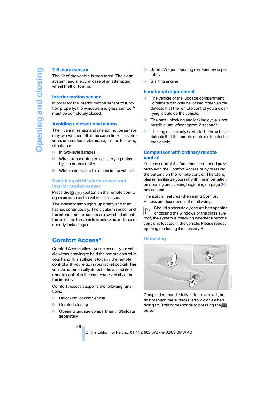 Comfort access, Opening and closing | BMW 528I XDRIVE User Manual | Page 38 / 271