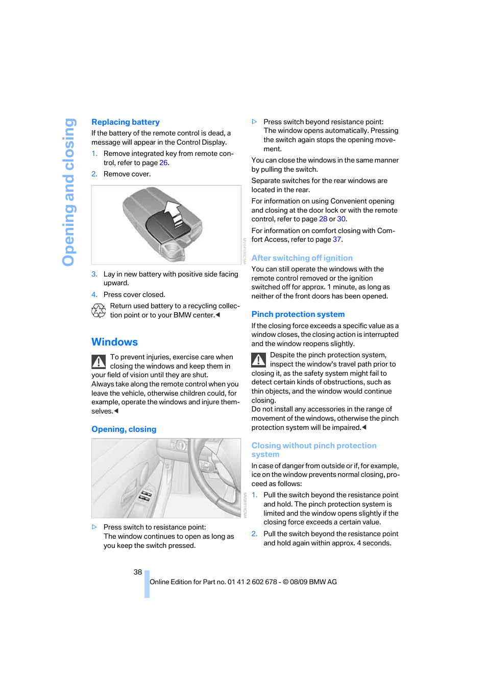 Windows, Opening and closing | BMW 528I XDRIVE User Manual | Page 40 / 271