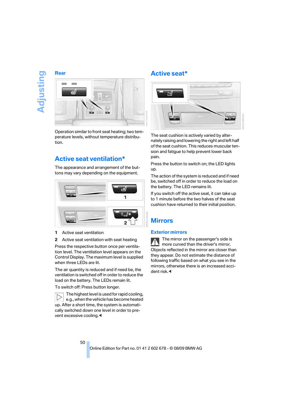 Active seat ventilation, Active seat, Mirrors | Adju sting | BMW 528I XDRIVE User Manual | Page 52 / 271