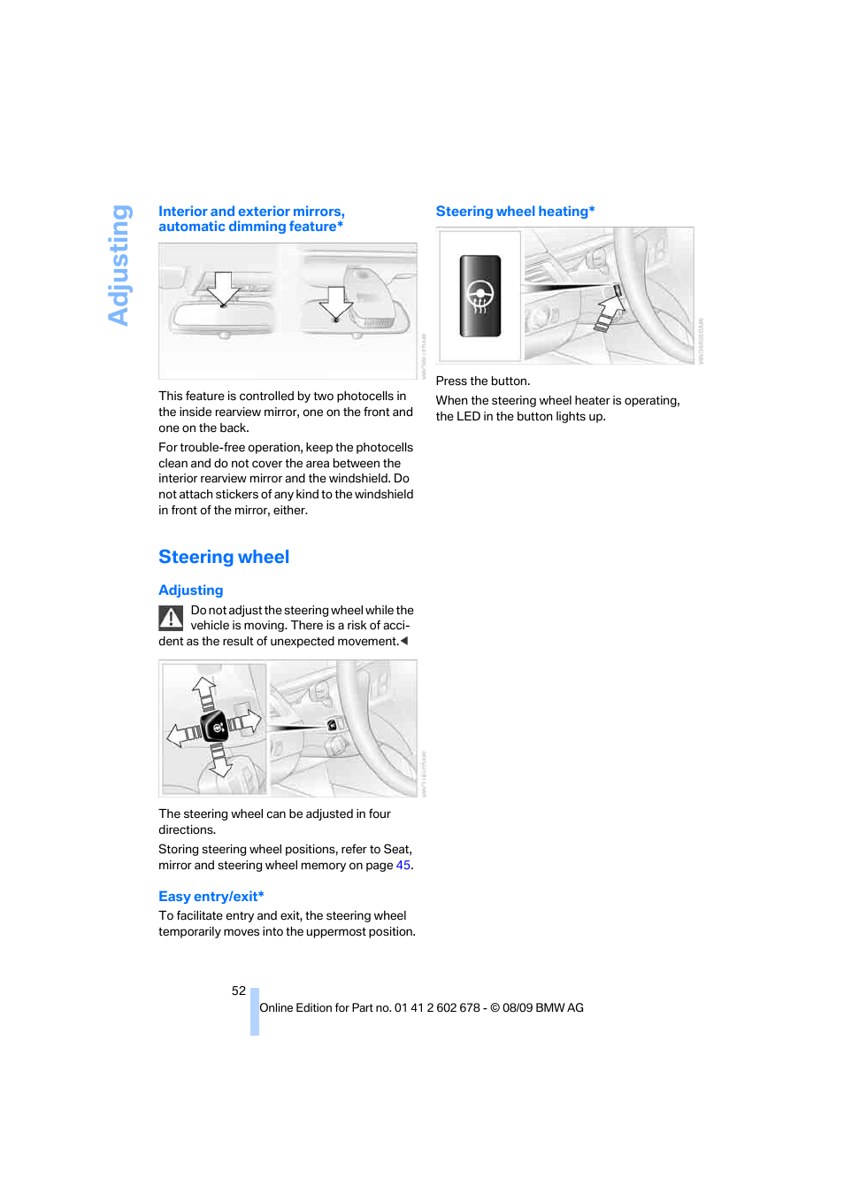 Steering wheel, Adju sting | BMW 528I XDRIVE User Manual | Page 54 / 271