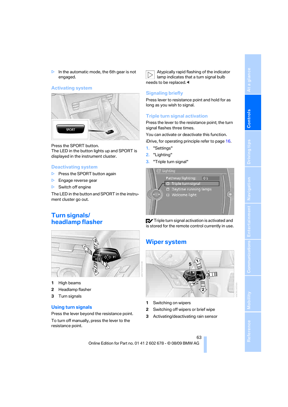 Turn signals/ headlamp flasher, Wiper system, Gnals | BMW 528I XDRIVE User Manual | Page 65 / 271