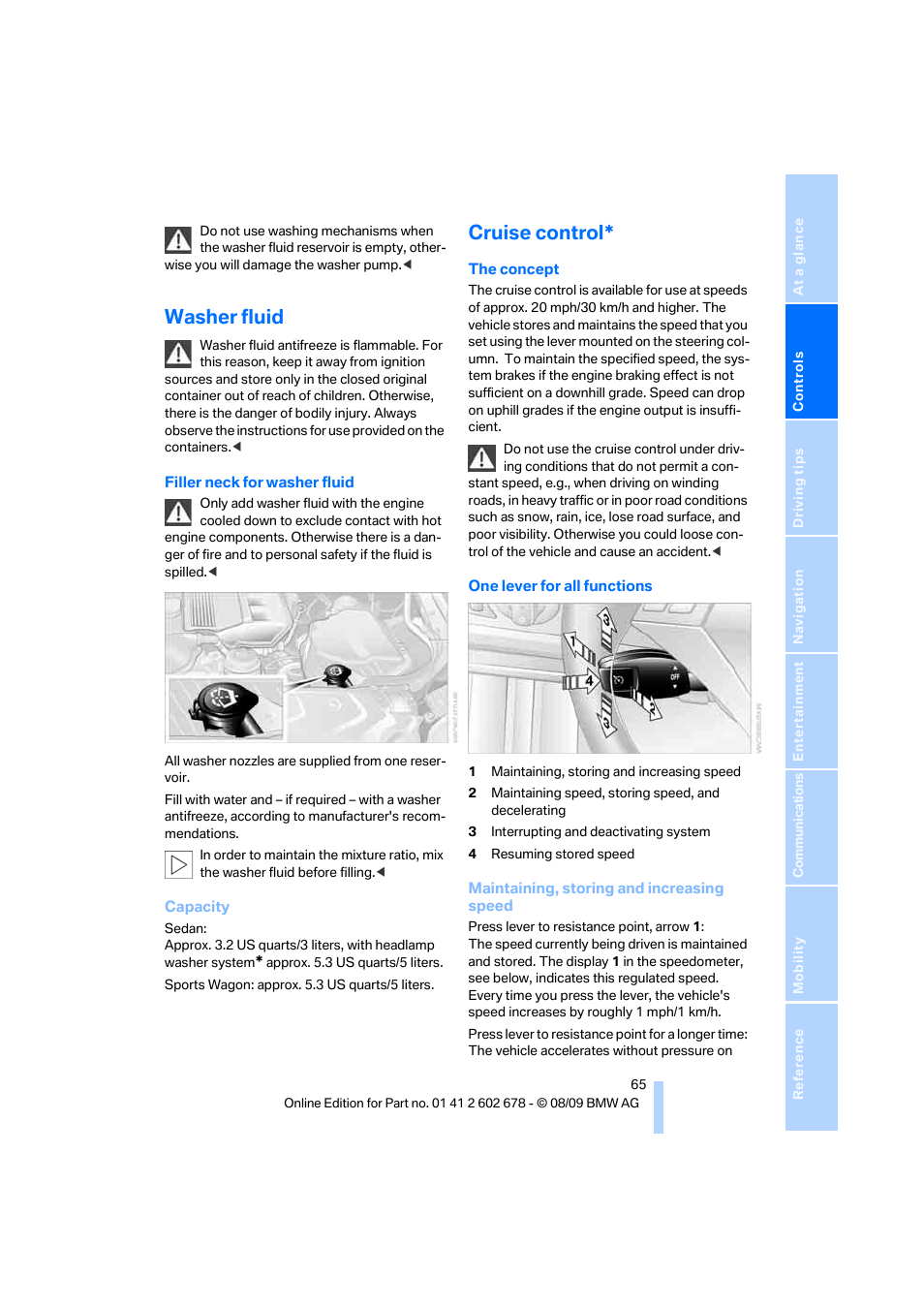 Washer fluid, Cruise control | BMW 528I XDRIVE User Manual | Page 67 / 271