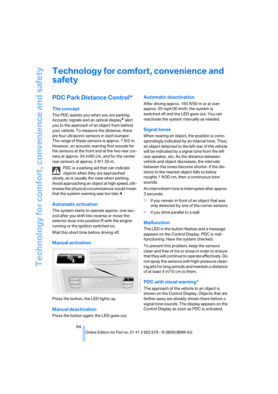 Technology for comfort, convenience and safety, Pdc park distance control | BMW 528I XDRIVE User Manual | Page 86 / 271