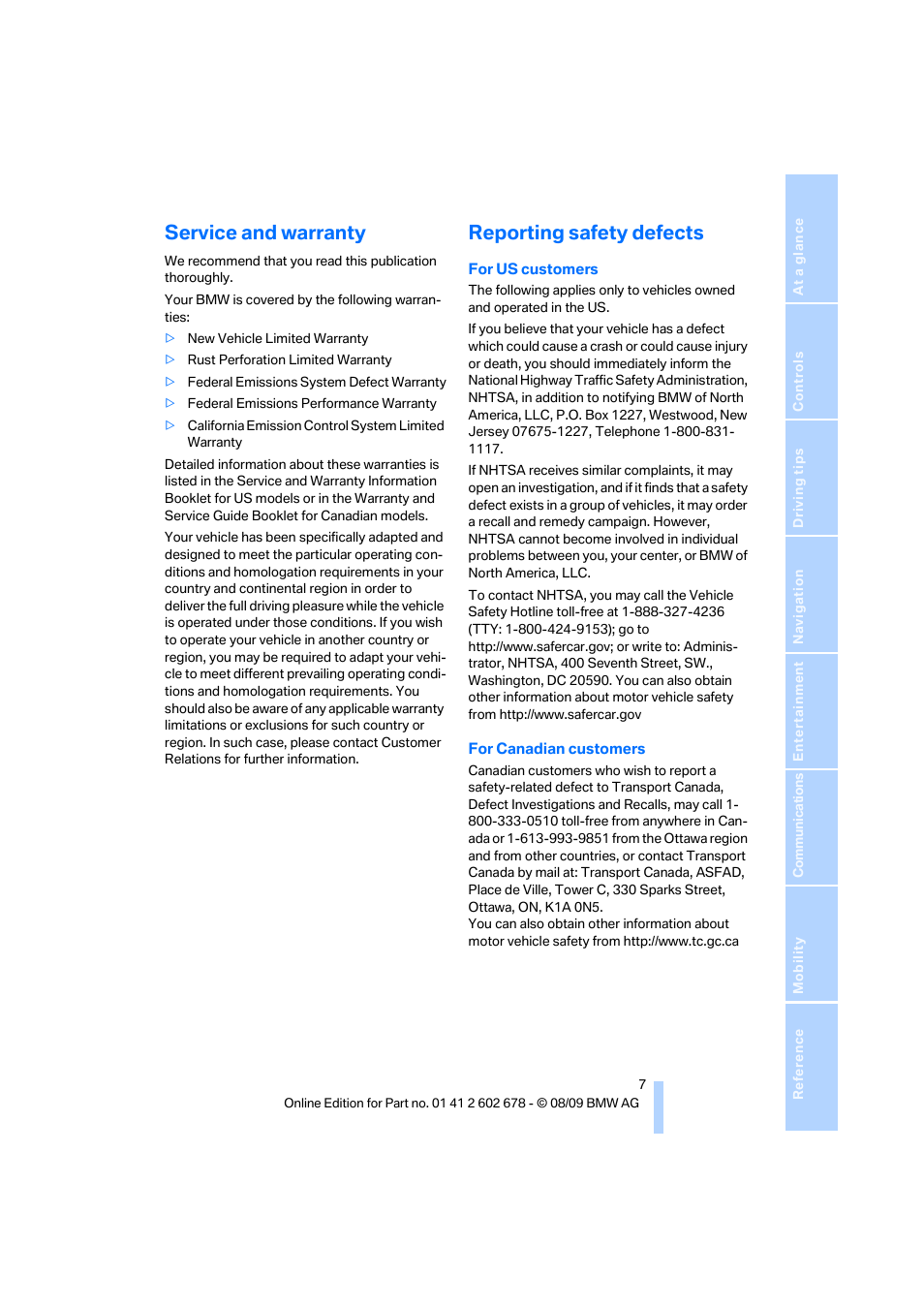 Service and warranty, Reporting safety defects | BMW 528I XDRIVE User Manual | Page 9 / 271