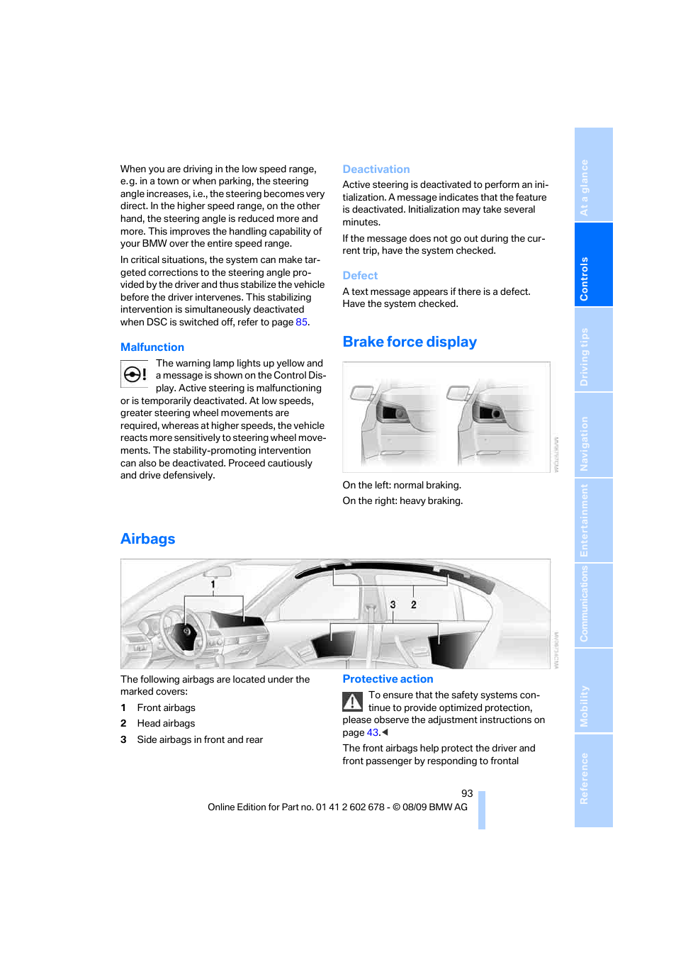 Brake force display, Airbags | BMW 528I XDRIVE User Manual | Page 95 / 271