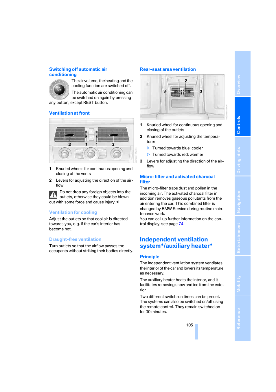 Independent ventilation system*/auxiliary heater | BMW 530XD User Manual | Page 106 / 248