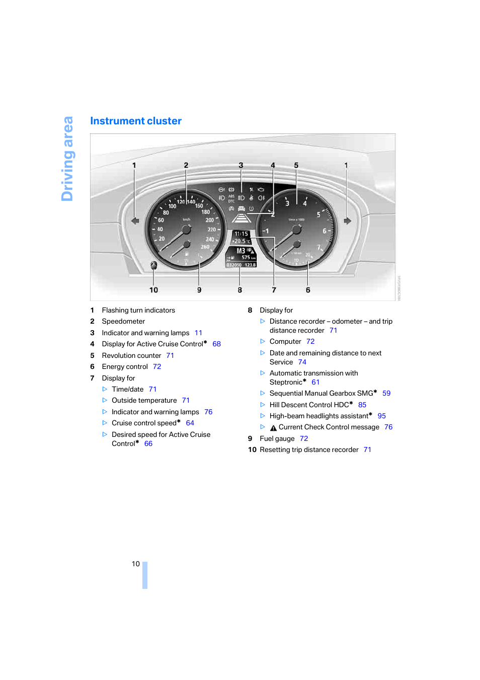 Instrument cluster, Driving area | BMW 530XD User Manual | Page 11 / 248