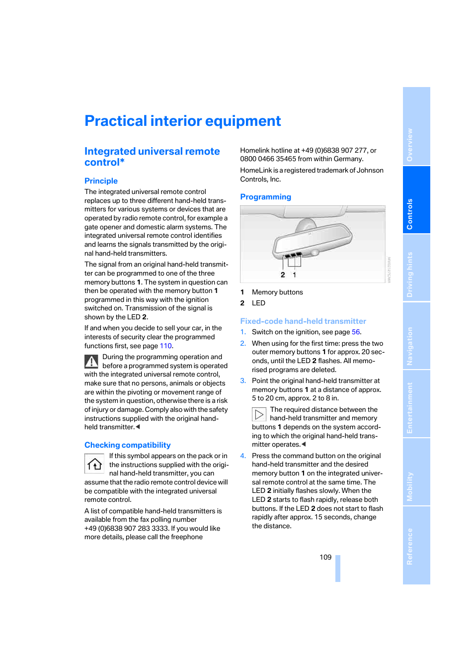 Practical interior equipment, Integrated universal remote control | BMW 530XD User Manual | Page 110 / 248