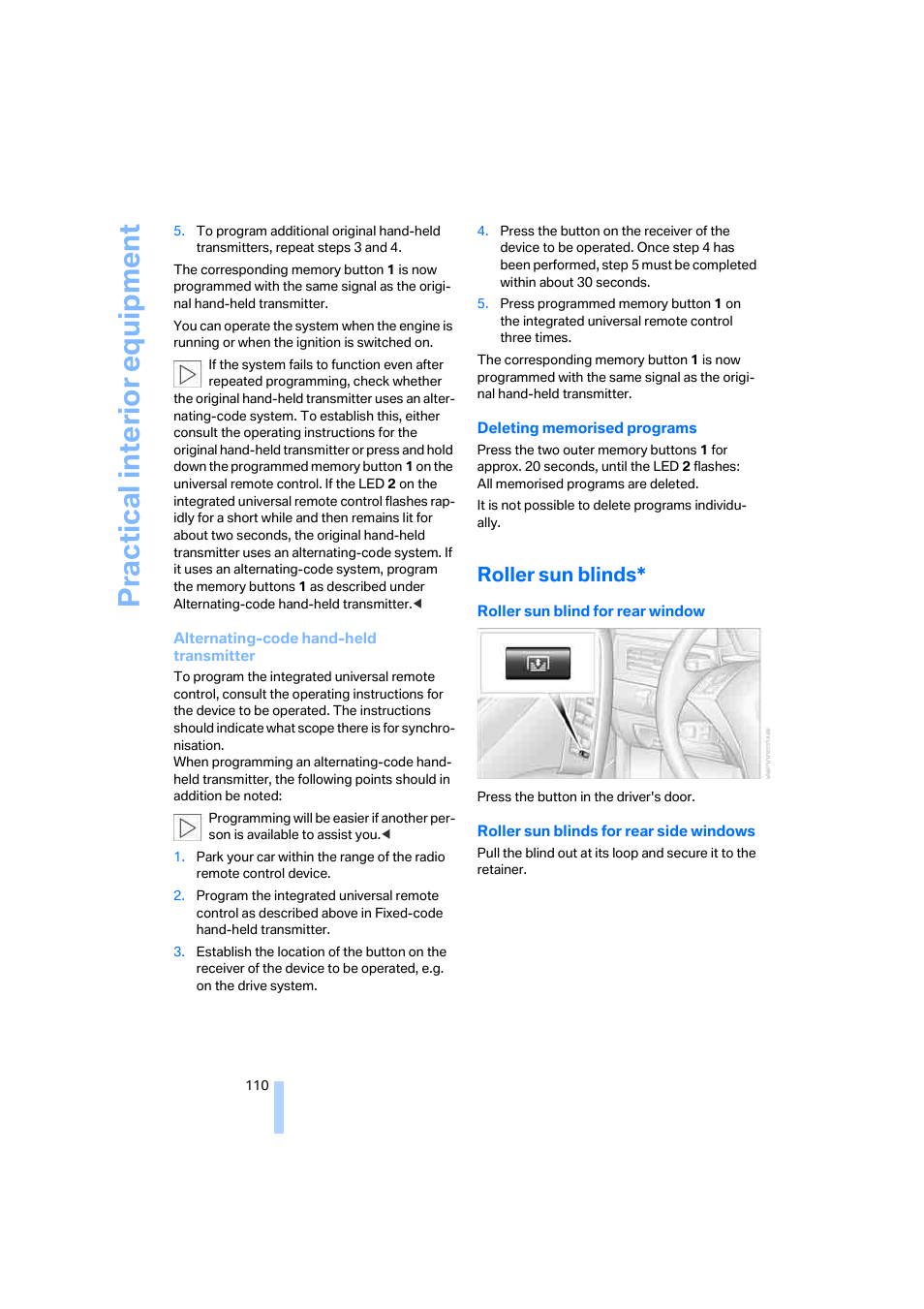 Roller sun blinds, Practica l interior eq uip m ent | BMW 530XD User Manual | Page 111 / 248