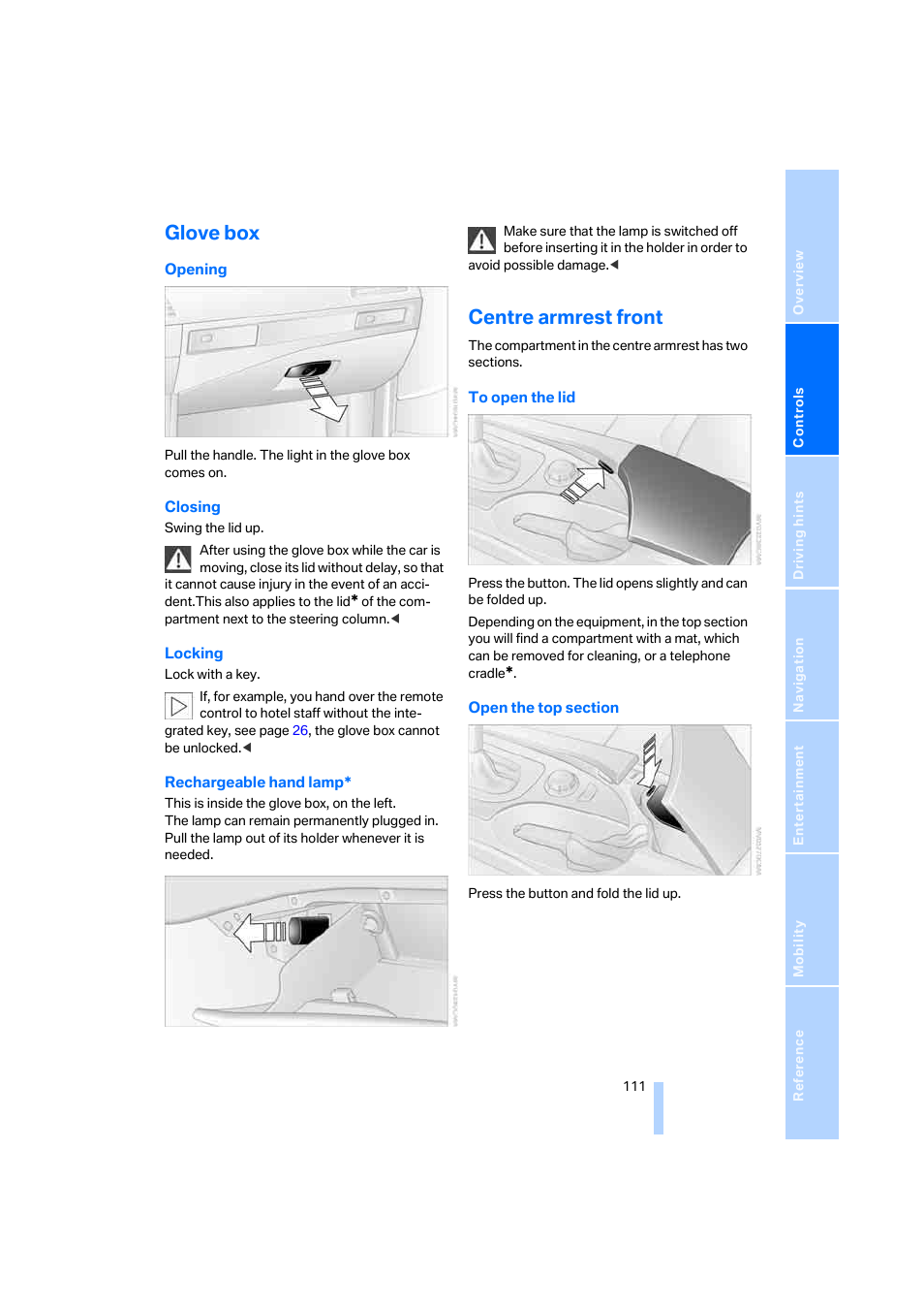 Glove box, Centre armrest front | BMW 530XD User Manual | Page 112 / 248