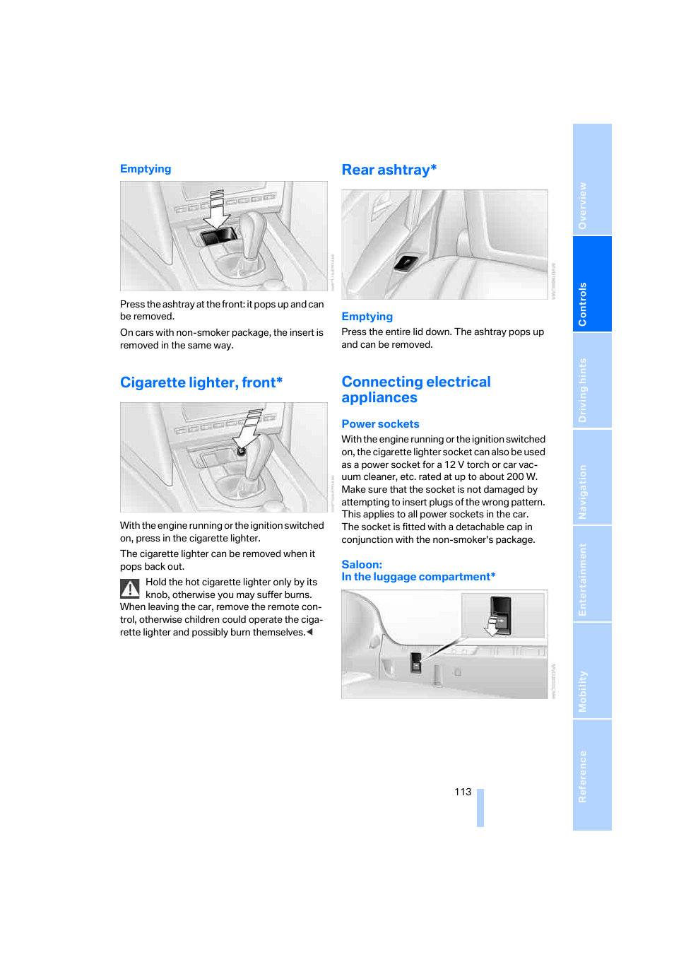 Cigarette lighter, front, Rear ashtray, Connecting electrical appliances | BMW 530XD User Manual | Page 114 / 248