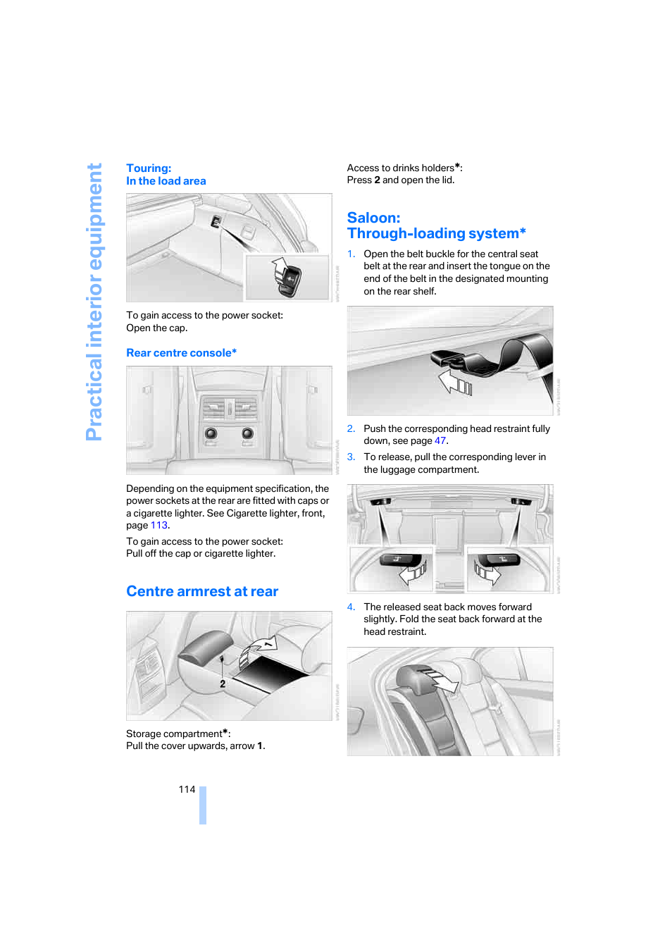 Centre armrest at rear, Saloon: through-loading system, Practica l interior eq uip m ent | BMW 530XD User Manual | Page 115 / 248