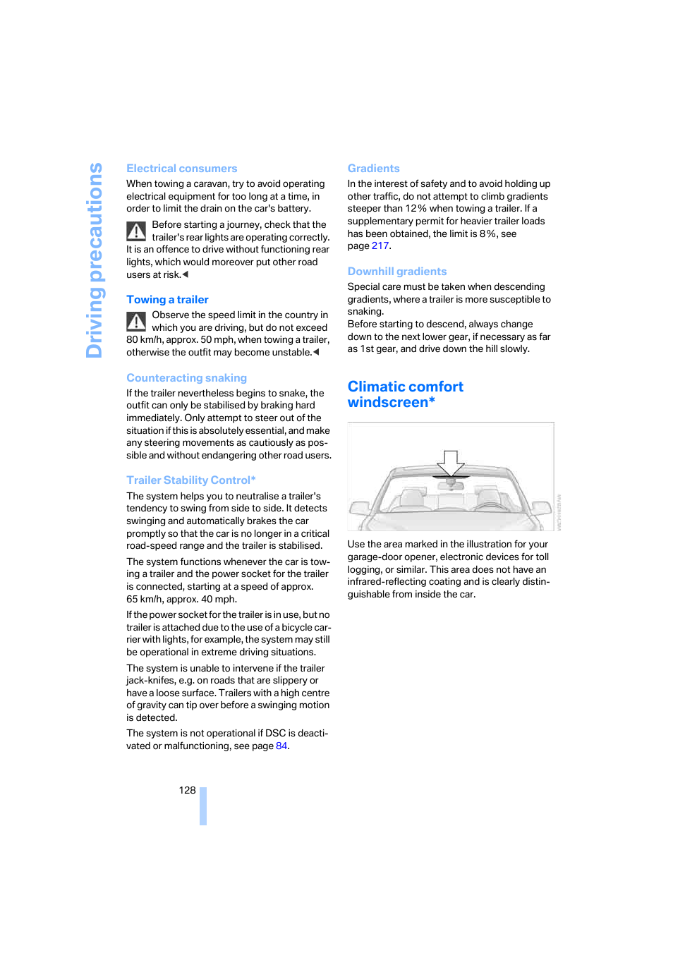 Climatic comfort windscreen, Driv ing precautions | BMW 530XD User Manual | Page 129 / 248