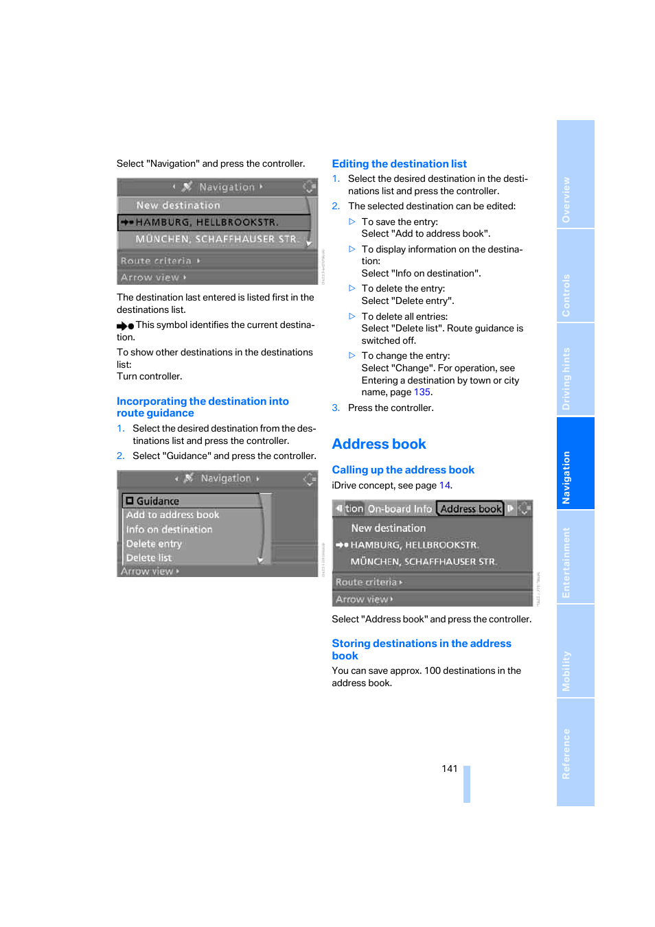 Address book | BMW 530XD User Manual | Page 142 / 248