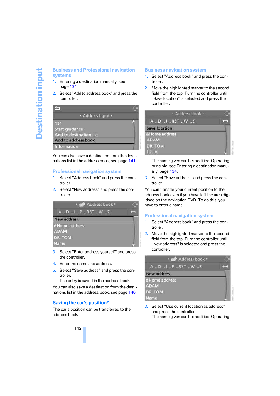 Destina tion input | BMW 530XD User Manual | Page 143 / 248