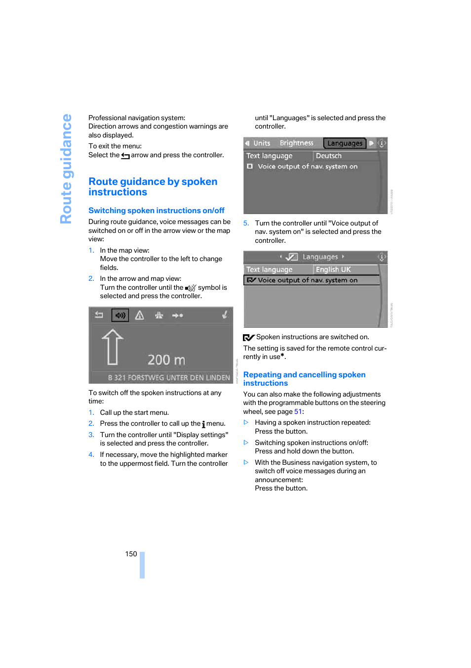 Route guidance by spoken instructions, Route guidance | BMW 530XD User Manual | Page 151 / 248