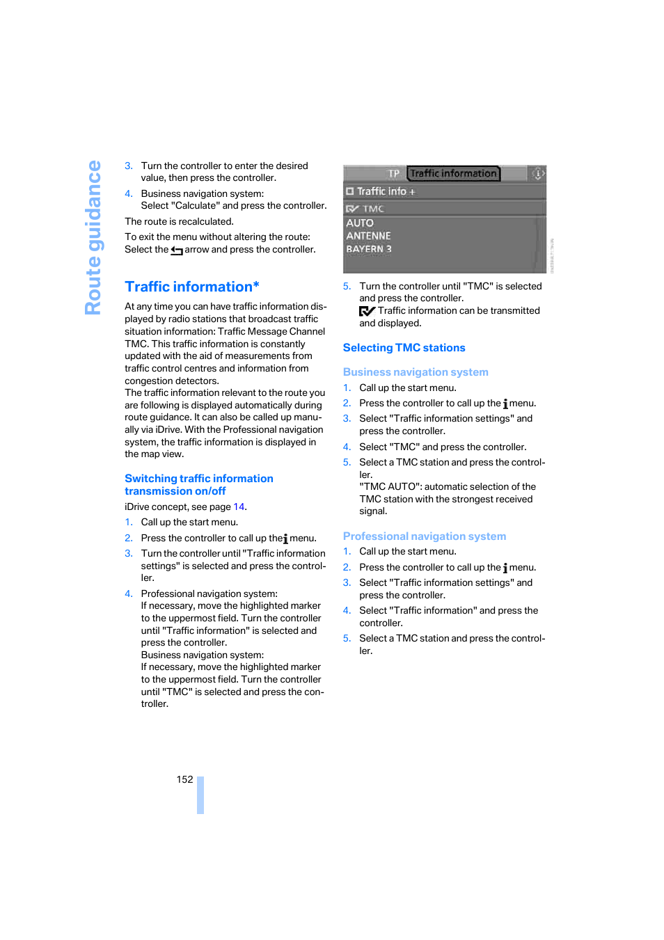 Traffic information, Route guidance | BMW 530XD User Manual | Page 153 / 248