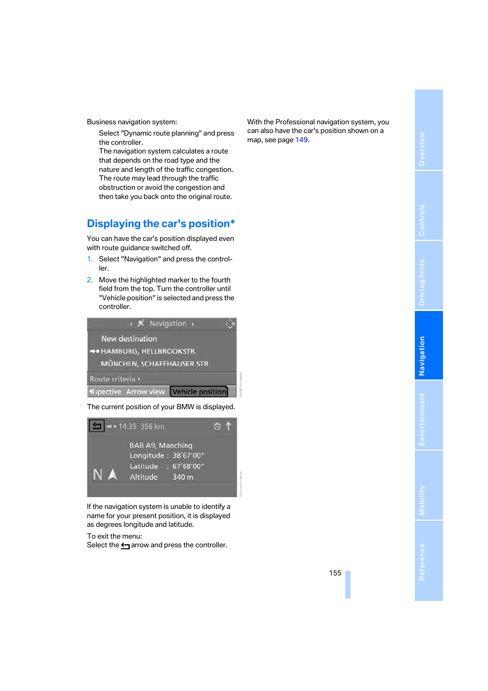 Displaying the car's position | BMW 530XD User Manual | Page 156 / 248