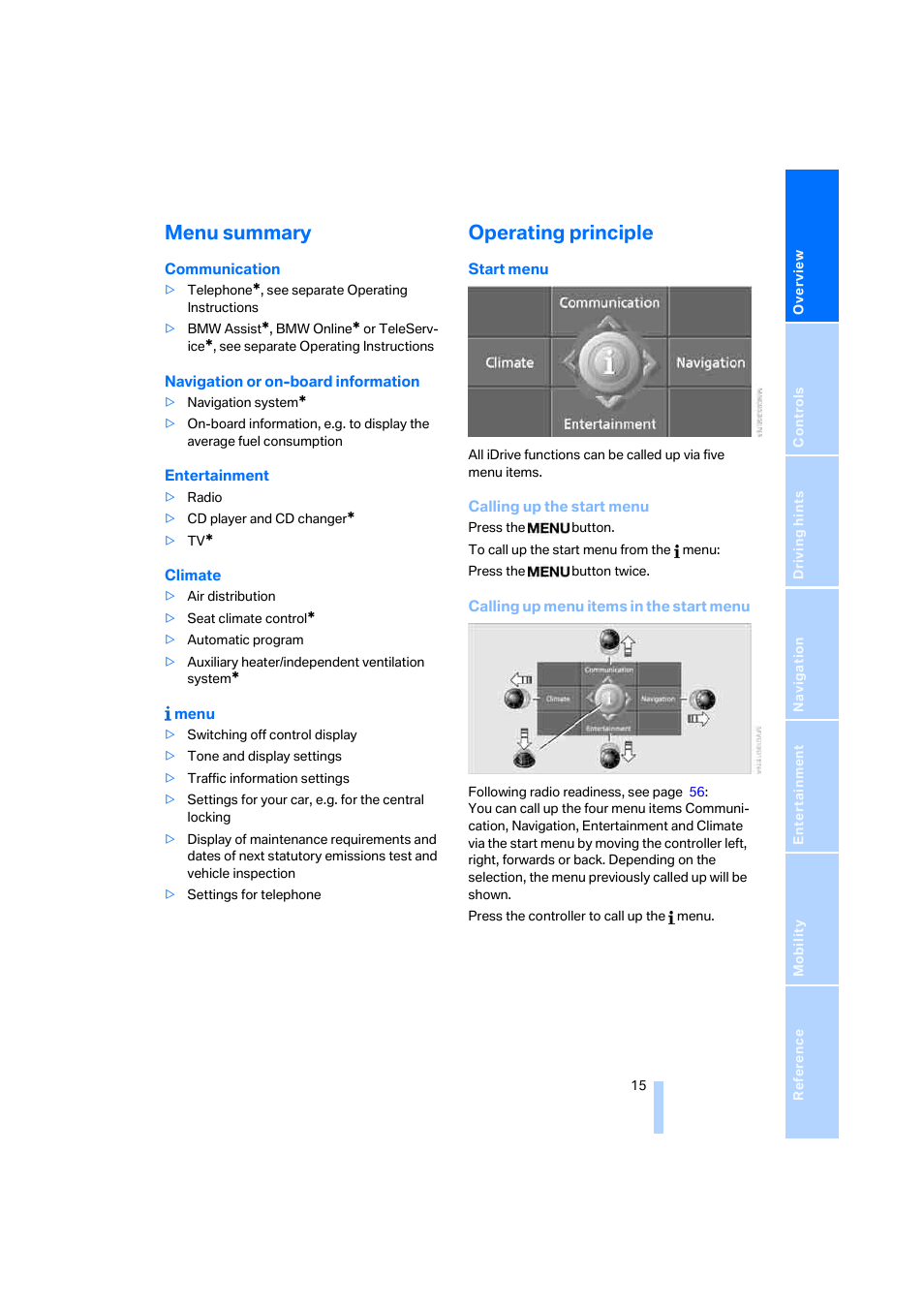 Menu summary, Operating principle | BMW 530XD User Manual | Page 16 / 248