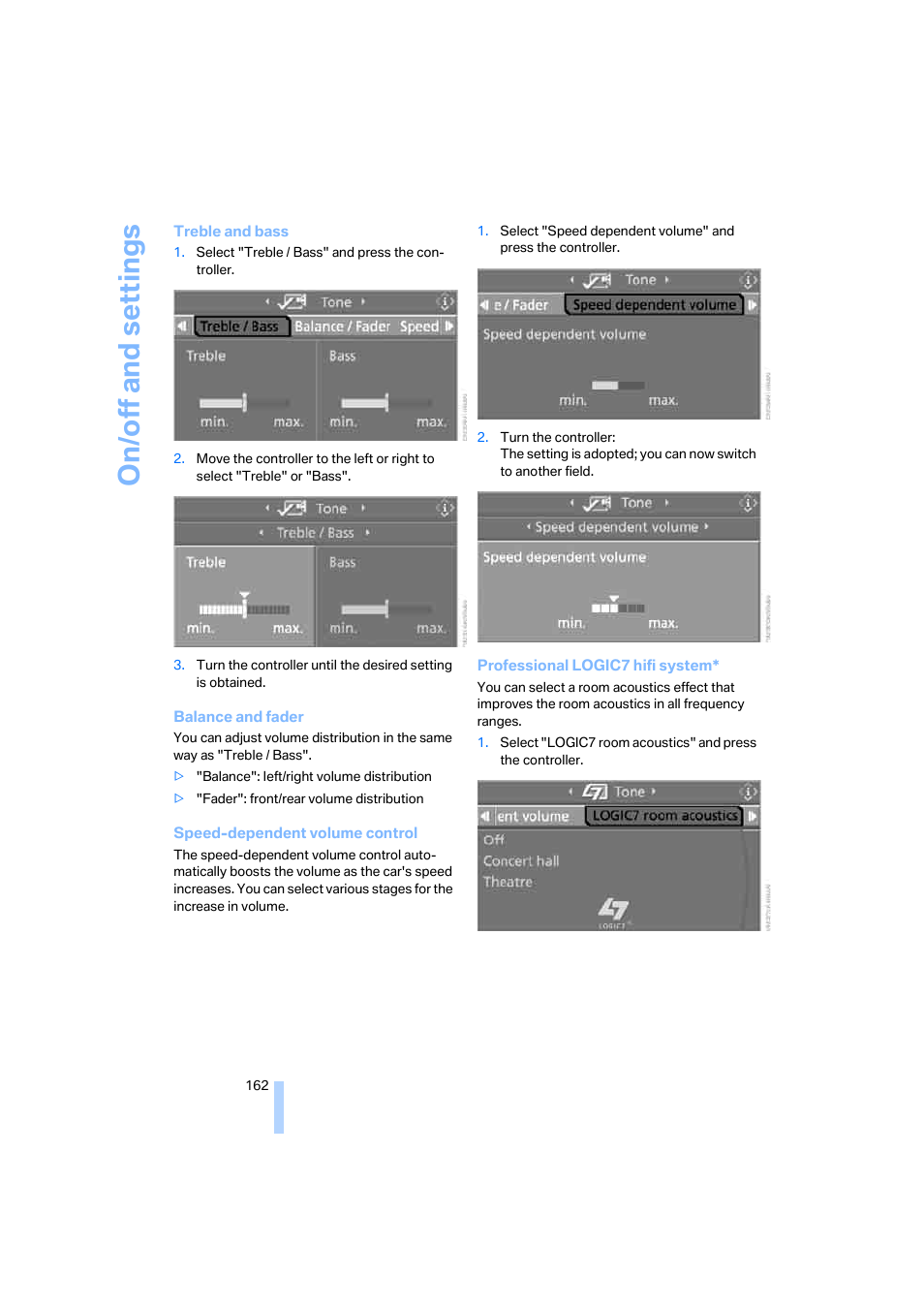 On/off and s e tt ings | BMW 530XD User Manual | Page 163 / 248