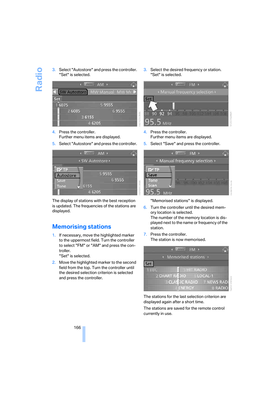 Memorising stations, Ra di o | BMW 530XD User Manual | Page 167 / 248