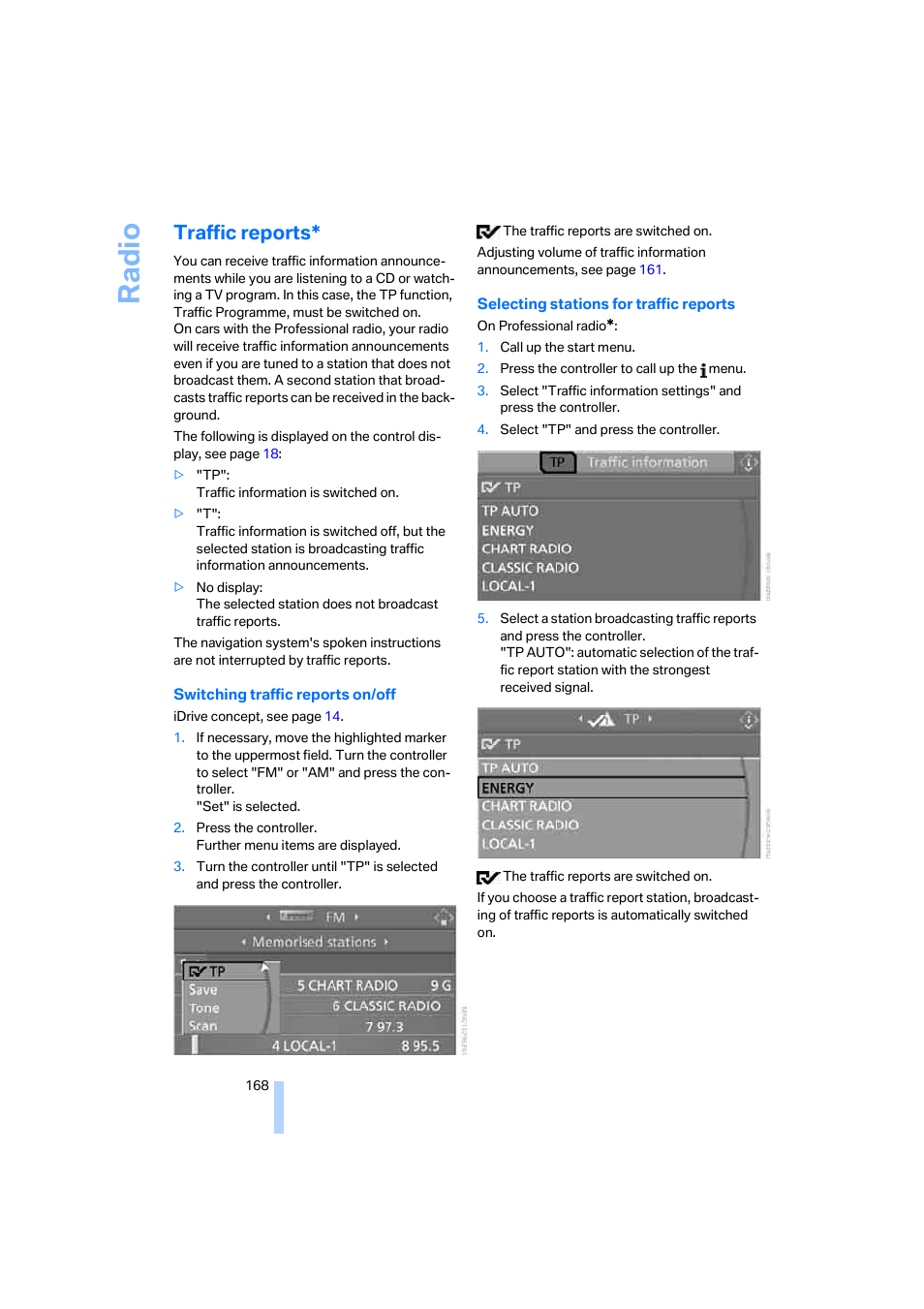 Traffic reports, Ra di o | BMW 530XD User Manual | Page 169 / 248