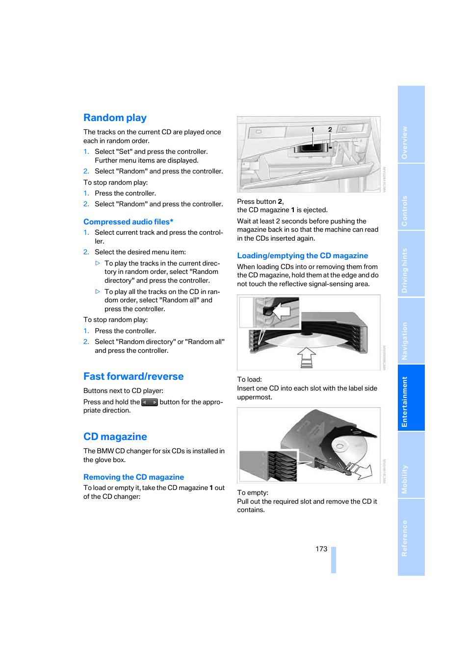 Random play, Fast forward/reverse, Cd magazine | BMW 530XD User Manual | Page 174 / 248