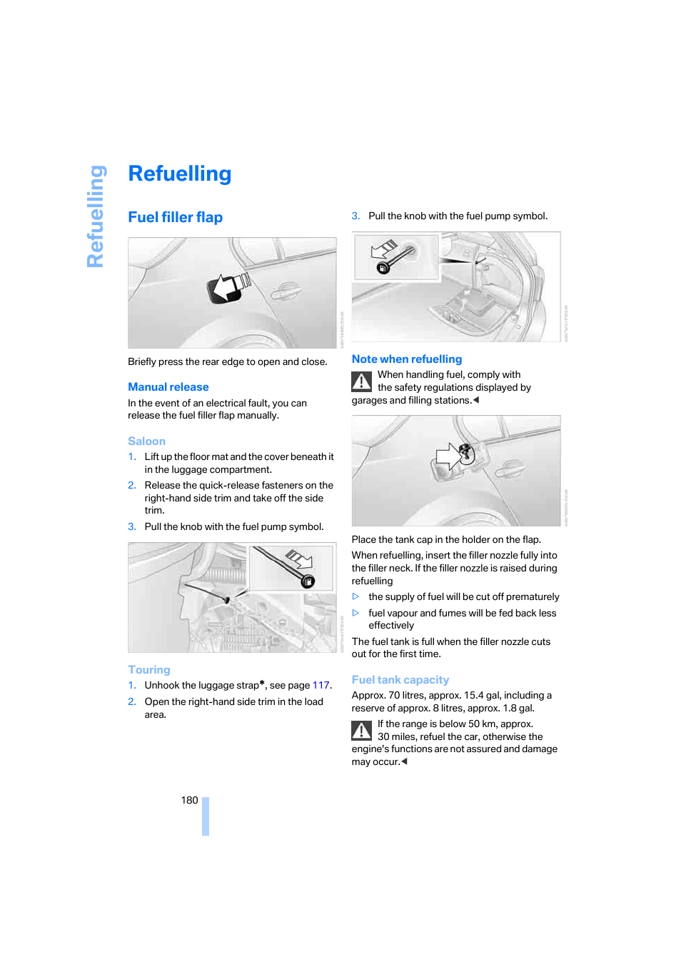 Refuelling, Fuel filler flap, Re fuelling | BMW 530XD User Manual | Page 181 / 248