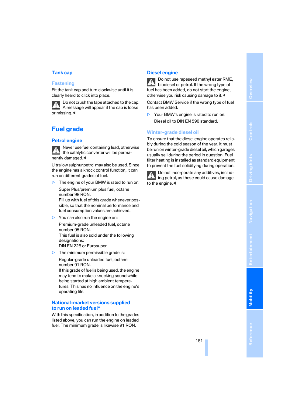 Fuel grade | BMW 530XD User Manual | Page 182 / 248