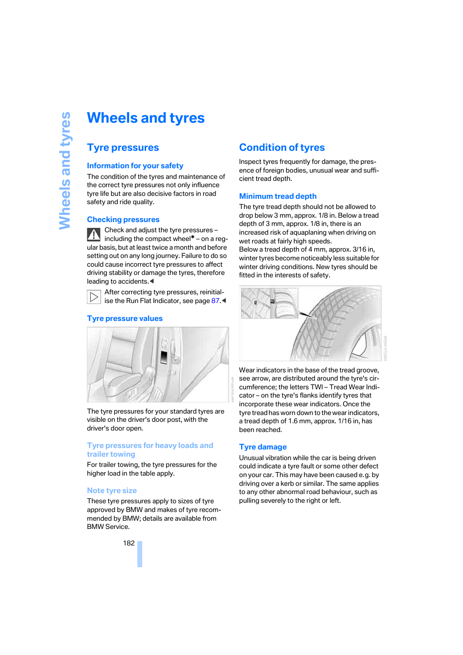 Wheels and tyres, Tyre pressures, Condition of tyres | Afte, Wh eels and tyre s | BMW 530XD User Manual | Page 183 / 248