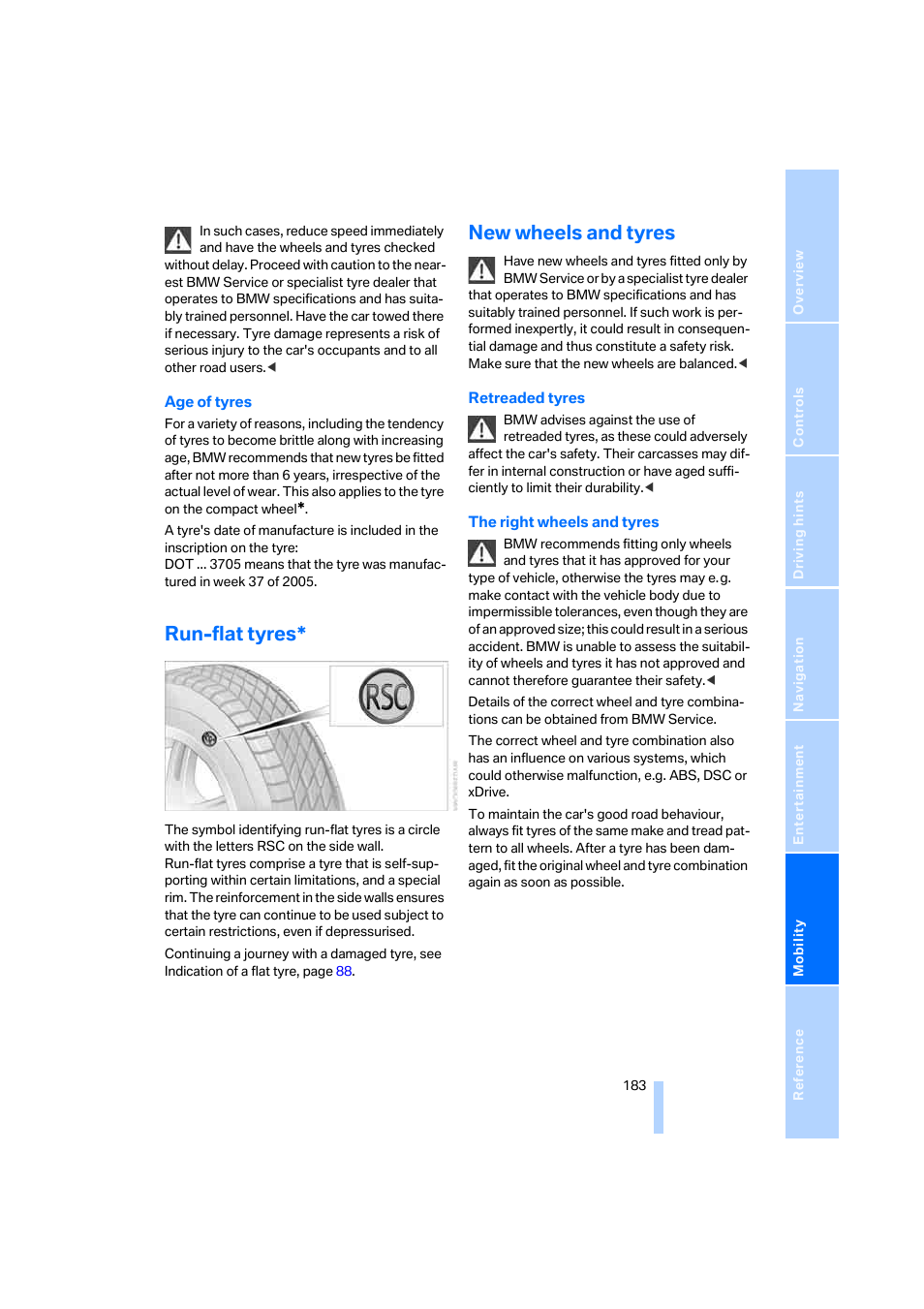 Run-flat tyres, New wheels and tyres | BMW 530XD User Manual | Page 184 / 248