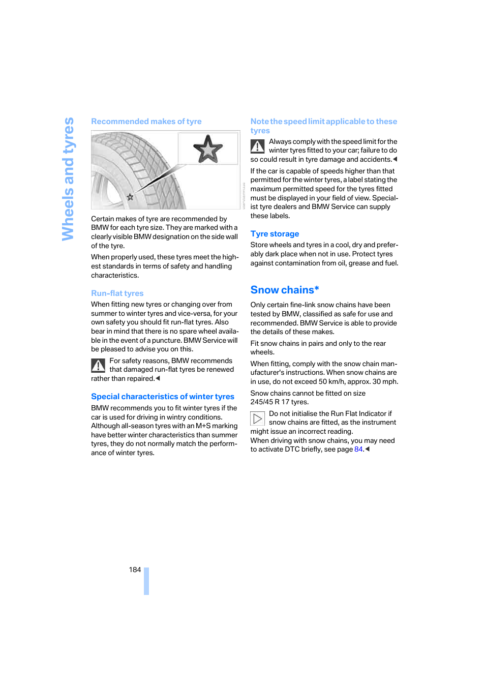 Snow chains, Wh eels and tyre s | BMW 530XD User Manual | Page 185 / 248