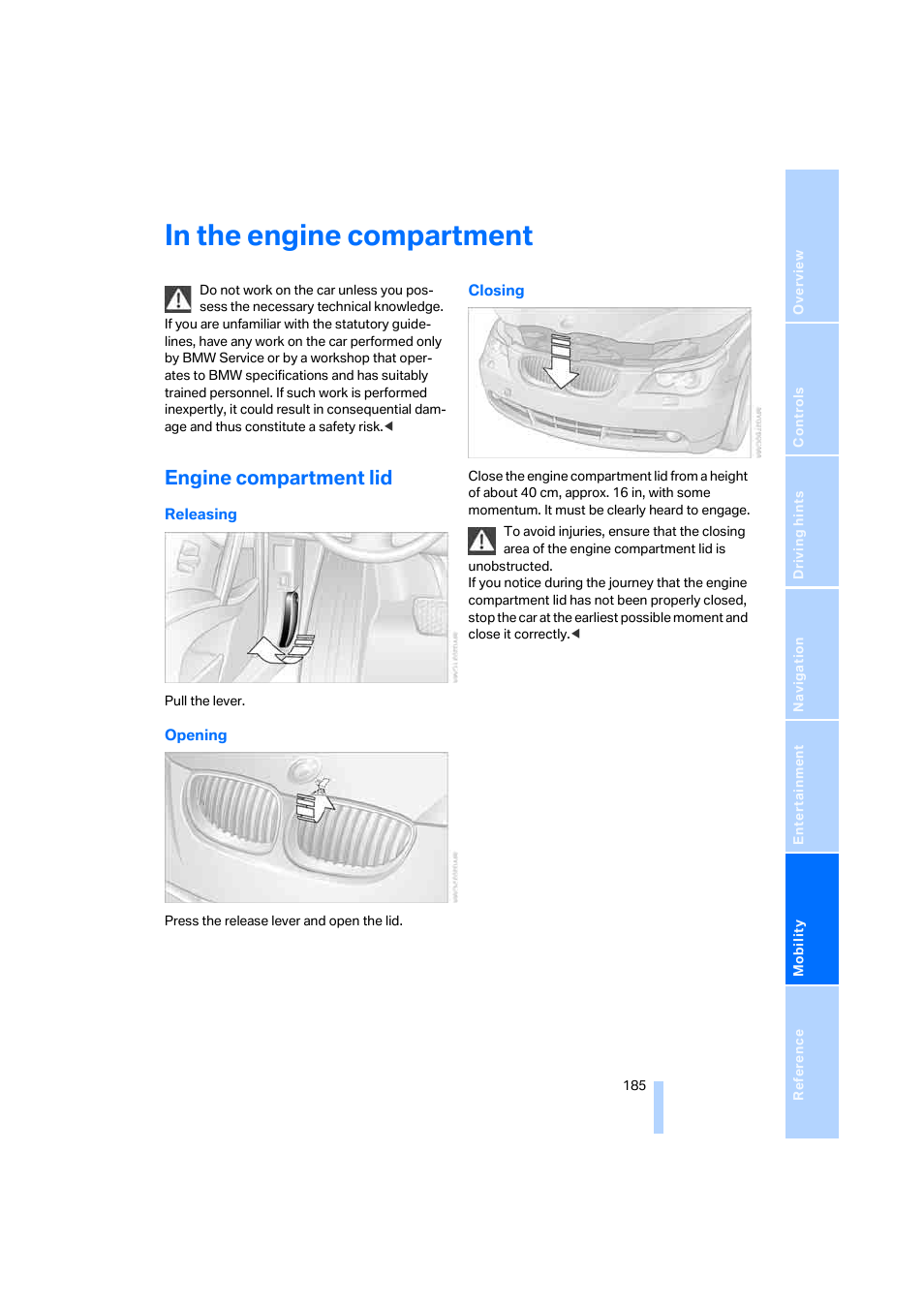 In the engine compartment, Engine compartment lid | BMW 530XD User Manual | Page 186 / 248