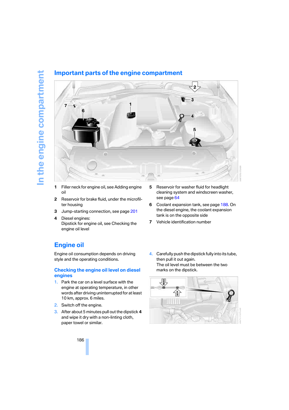 Important parts of the engine compartment, Engine oil | BMW 530XD User Manual | Page 187 / 248