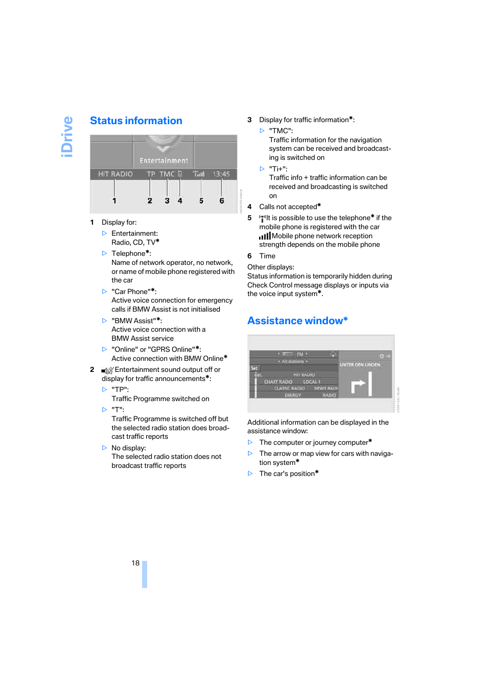 Status information, Assistance window, Idriv e | BMW 530XD User Manual | Page 19 / 248