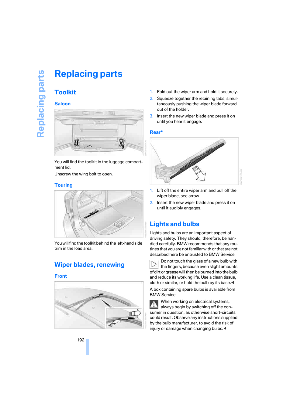 Replacing parts, Toolkit, Wiper blades, renewing | Lights and bulbs, Re placing part s | BMW 530XD User Manual | Page 193 / 248