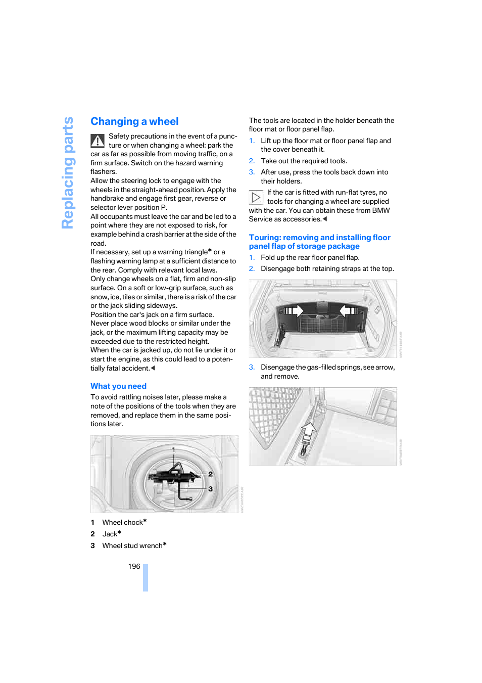 Changing a wheel, Re placing part s | BMW 530XD User Manual | Page 197 / 248