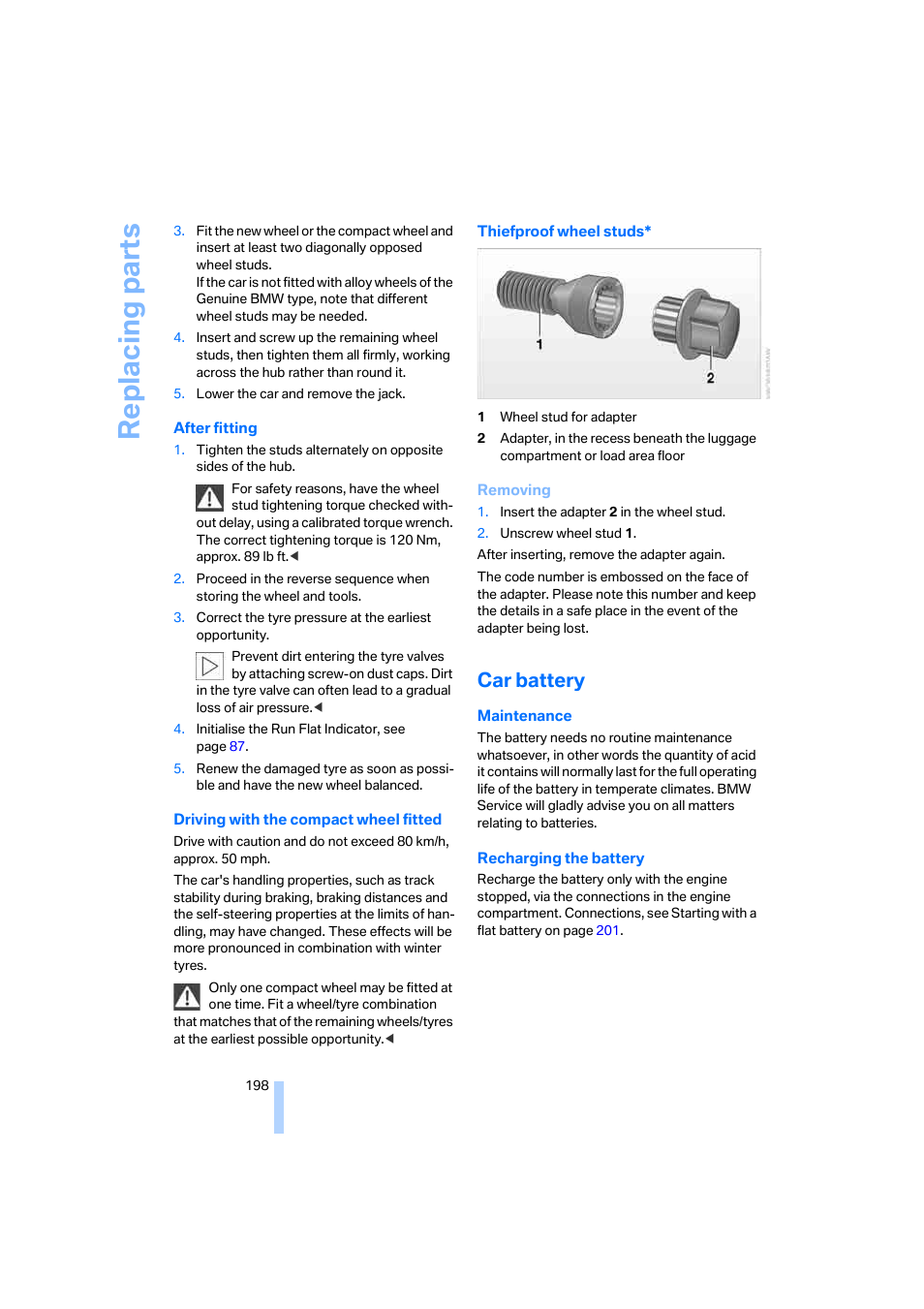 Car battery, Re placing part s | BMW 530XD User Manual | Page 199 / 248