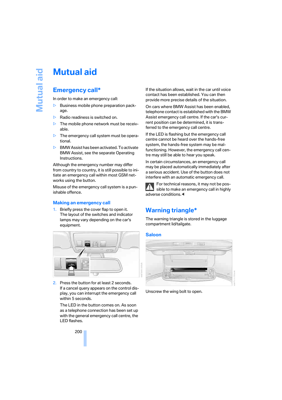 Mutual aid, Emergency call, Warning triangle | BMW 530XD User Manual | Page 201 / 248