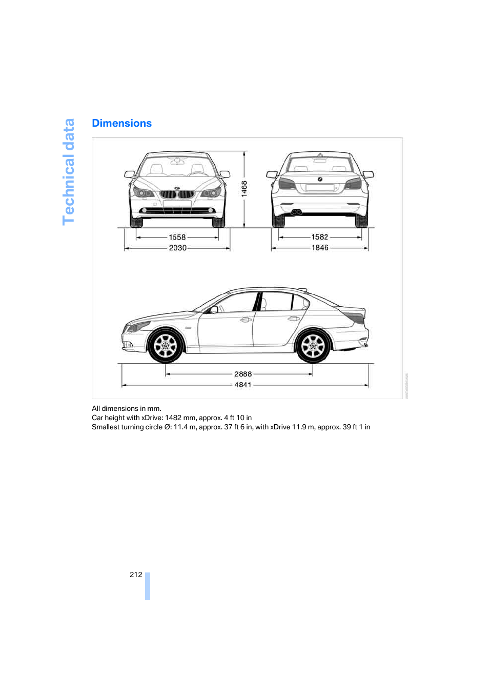 Dimensions, Technical data | BMW 530XD User Manual | Page 213 / 248