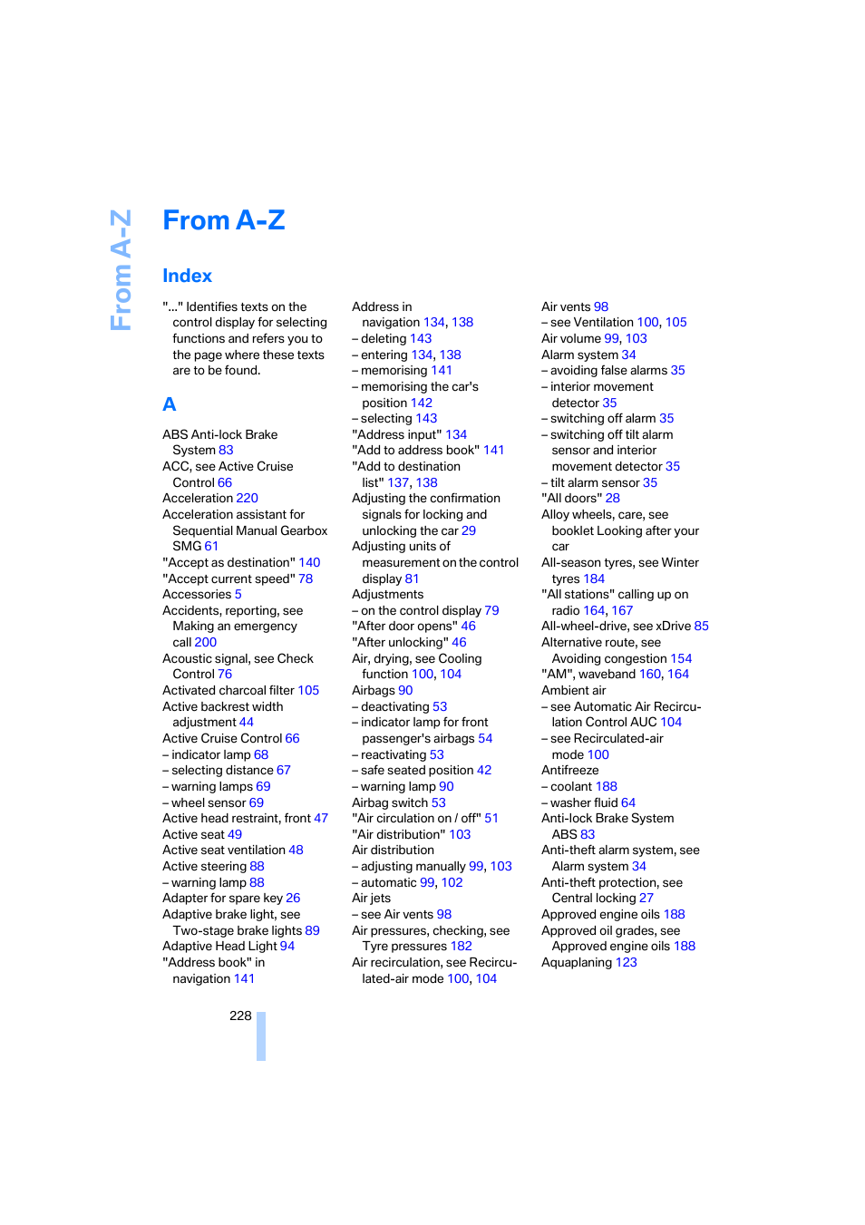 From a-z, Index | BMW 530XD User Manual | Page 229 / 248